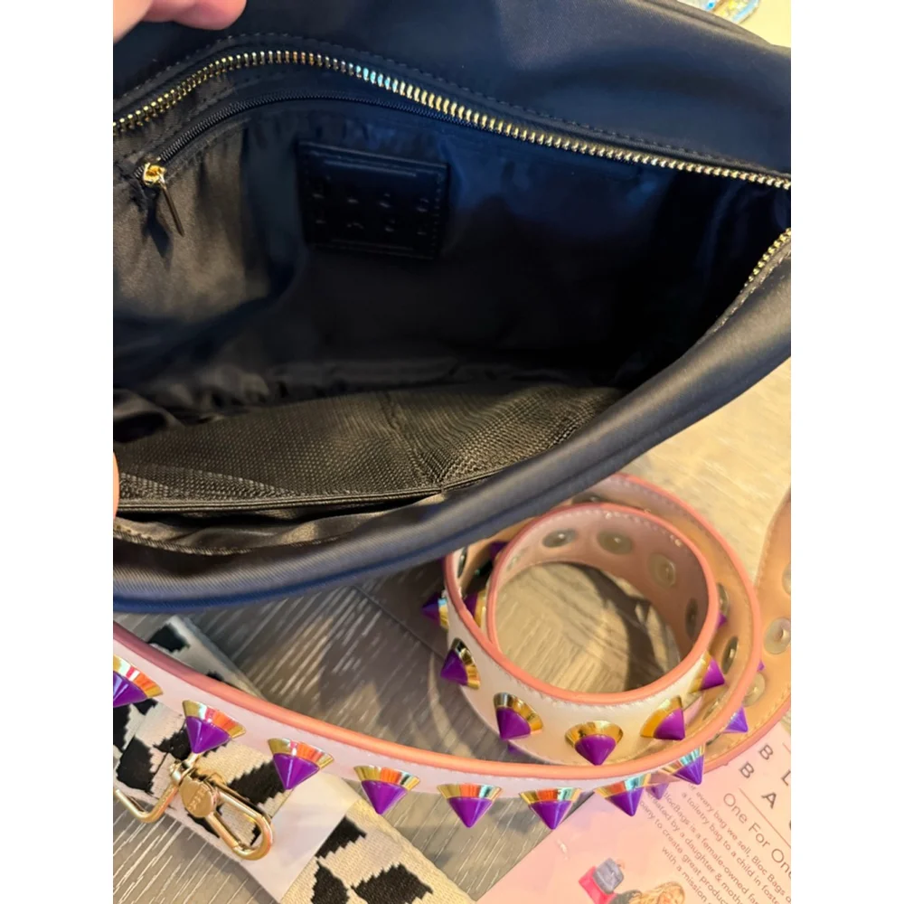 Women's Bloc Bags Black Crossbody Bag with Purple Studded Strap, One Size